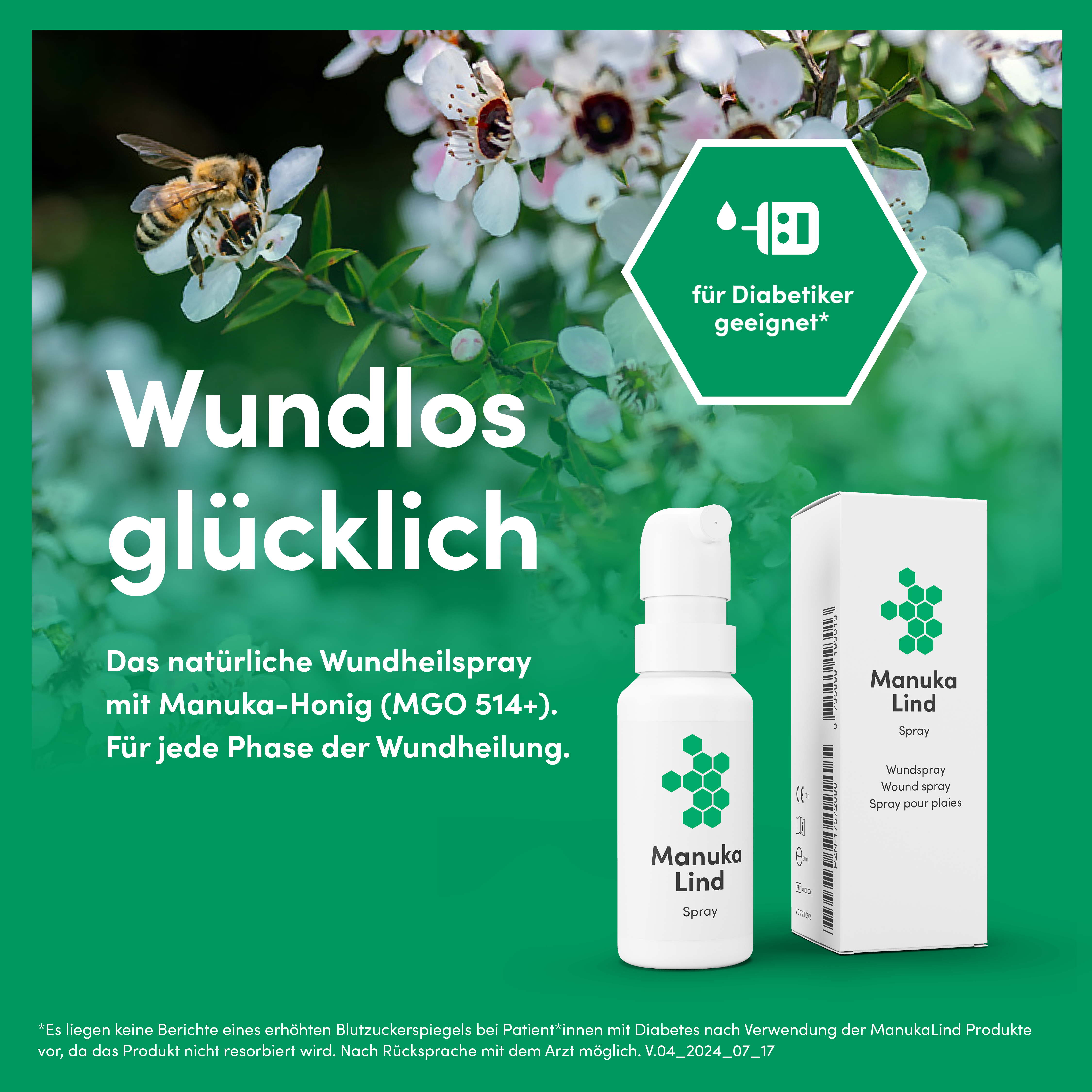 ManukaLind Wundheilspray mit antibakteriellem Manuka-Honig (MGO 514+), für alle Phasen der Wundheilung, viele Wundarten und Hautirritationen, Fördert die Heilung schwerwiegender Wunden, 30ml 